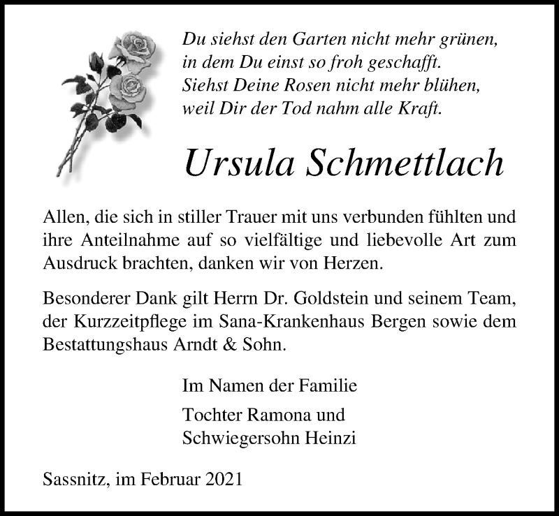  Traueranzeige für Ursula Schmettlach vom 20.02.2021 aus Ostsee-Zeitung GmbH