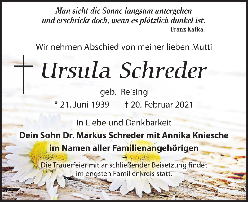  Traueranzeige für Ursula Schreder vom 27.02.2021 aus Leipziger Volkszeitung
