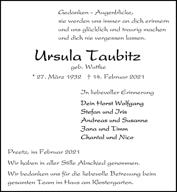 Traueranzeige von Ursula Taubitz von Kieler Nachrichten