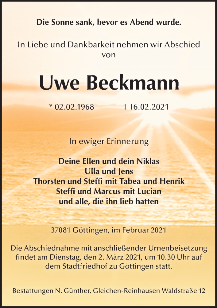  Traueranzeige für Uwe Beckmann vom 20.02.2021 aus Göttinger Tageblatt