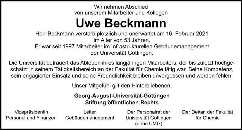  Traueranzeige für Uwe Beckmann vom 27.02.2021 aus Göttinger Tageblatt