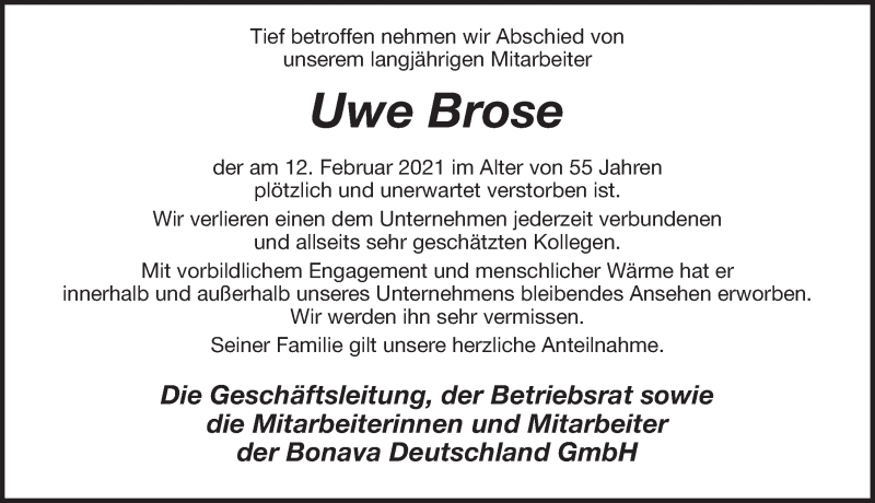  Traueranzeige für Uwe Brose vom 20.02.2021 aus Märkischen Allgemeine Zeitung