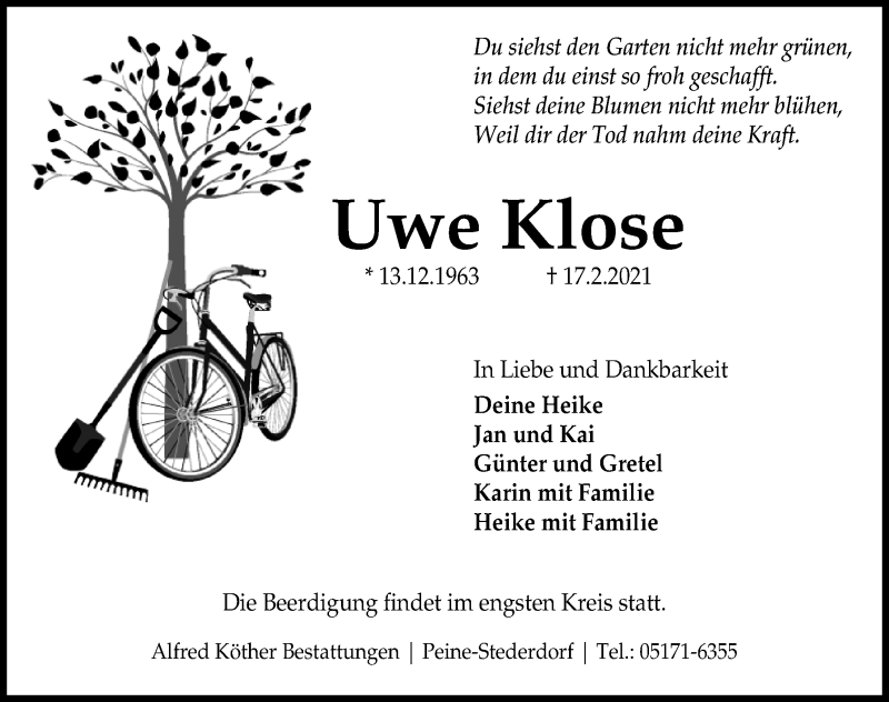  Traueranzeige für Uwe Klose vom 20.02.2021 aus Peiner Allgemeine Zeitung
