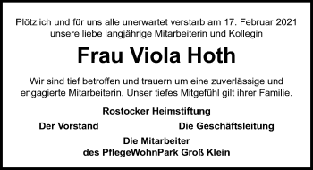 Traueranzeige von Viola Hoth von Ostsee-Zeitung GmbH