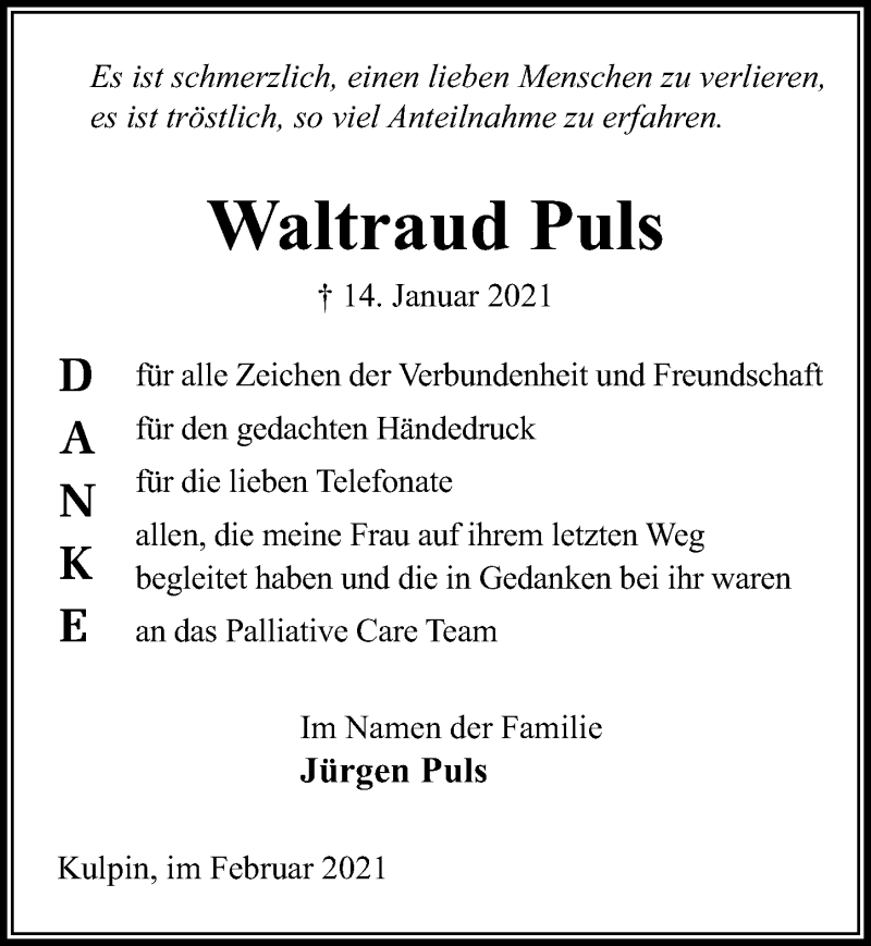  Traueranzeige für Waltraud Puls vom 20.02.2021 aus Lübecker Nachrichten