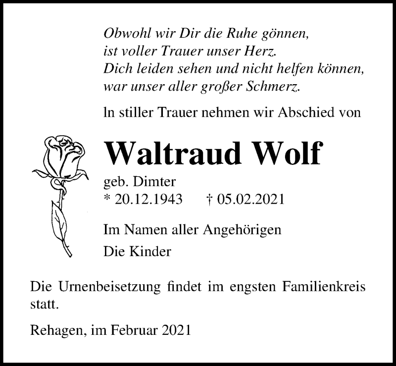  Traueranzeige für Waltraud Wolf vom 13.02.2021 aus Märkischen Allgemeine Zeitung