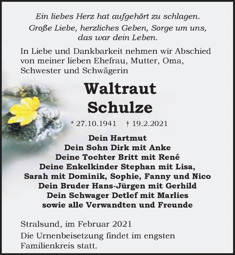  Traueranzeige für Waltraut Schulze vom 27.02.2021 aus Ostsee-Zeitung GmbH