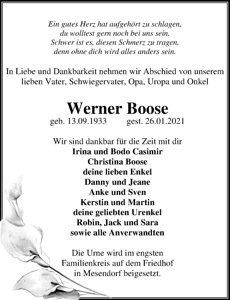  Traueranzeige für Werner Boose vom 06.02.2021 aus Märkischen Allgemeine Zeitung