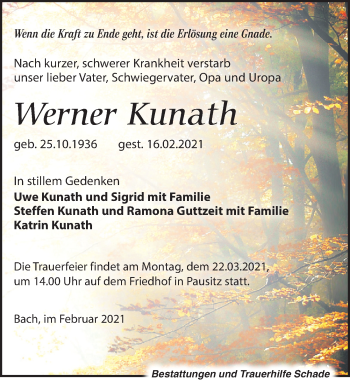 Traueranzeige von Werner Kunath von Leipziger Volkszeitung