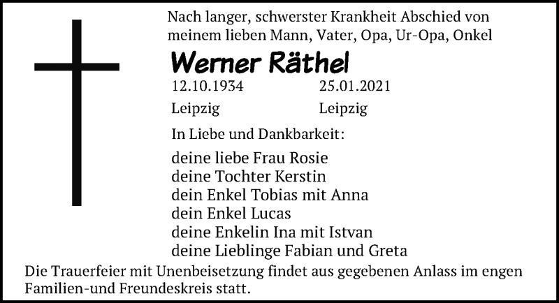  Traueranzeige für Werner Räthel vom 25.02.2021 aus Leipziger Volkszeitung