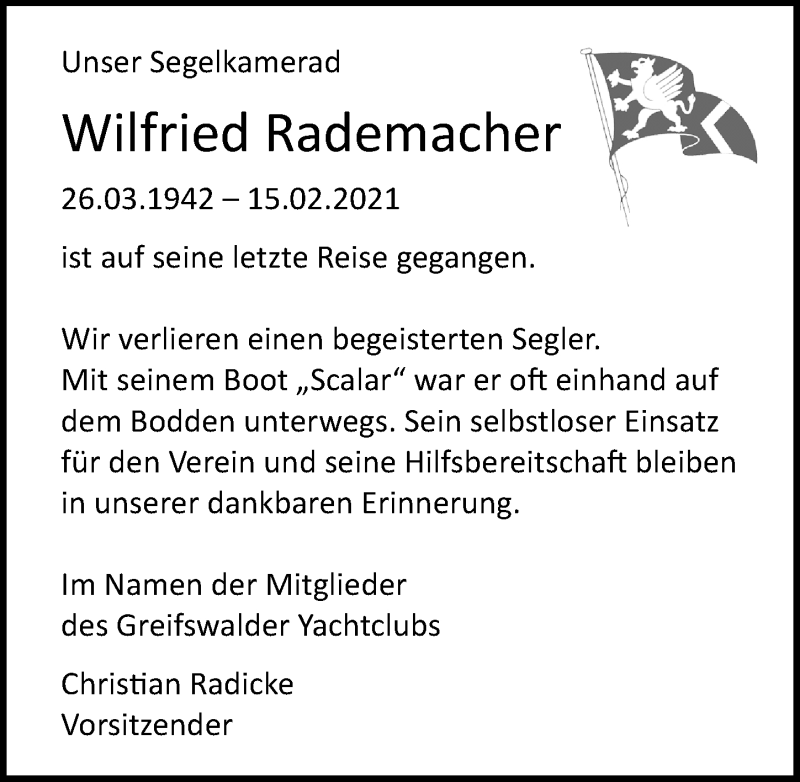  Traueranzeige für Wilfried Rademacher vom 20.02.2021 aus Ostsee-Zeitung GmbH