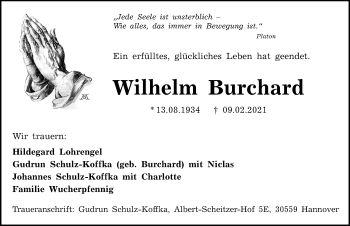 Traueranzeige von Wilhelm Burchard von Hannoversche Allgemeine Zeitung/Neue Presse