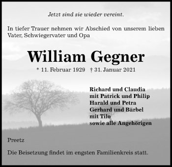 Traueranzeige von William Gegner von Kieler Nachrichten