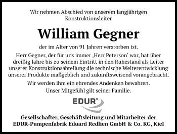 Traueranzeige von William Gegner von Kieler Nachrichten