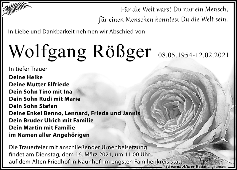  Traueranzeige für Wolfgang Rößger vom 27.02.2021 aus Leipziger Volkszeitung