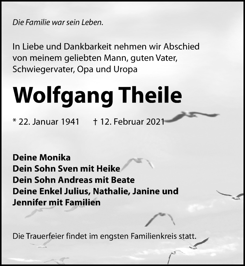  Traueranzeige für Wolfgang Theile vom 27.02.2021 aus Leipziger Volkszeitung