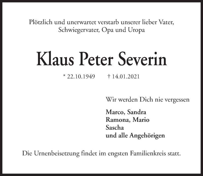  Traueranzeige für Klaus Peter Serverin vom 23.01.2021 aus Kieler Nachrichten