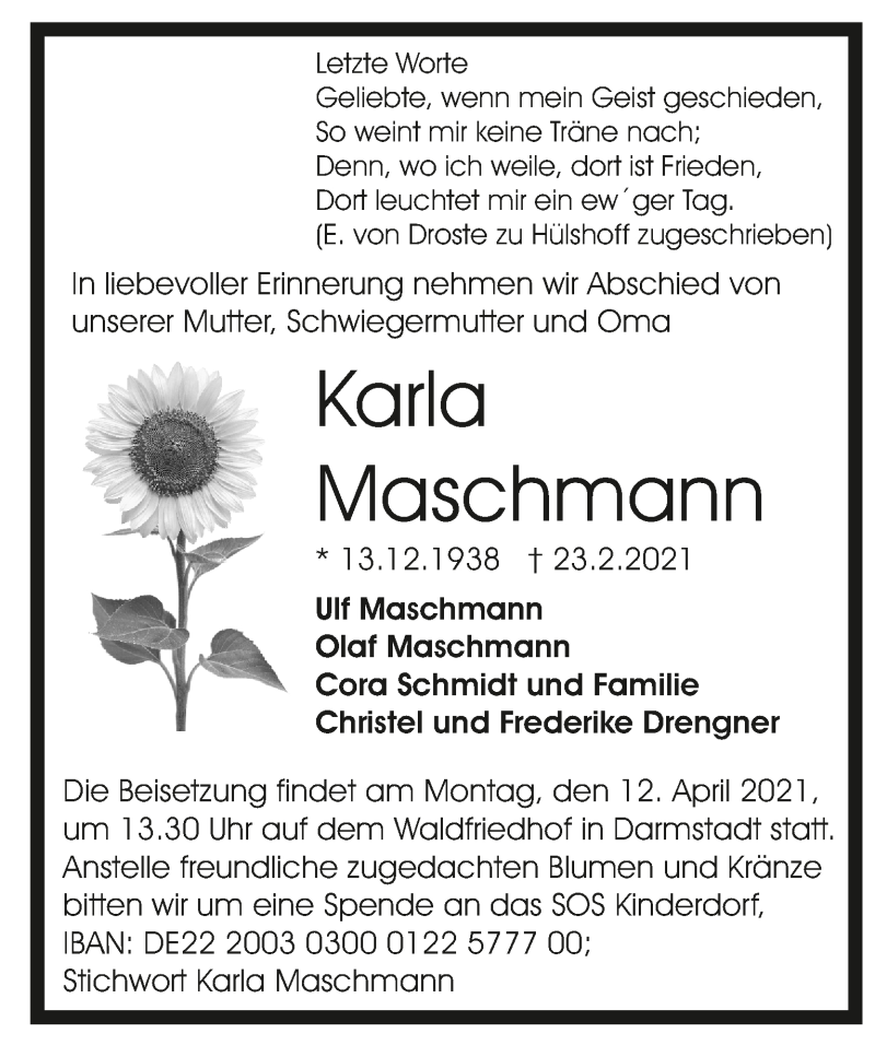  Traueranzeige für Karla Maschmann vom 13.03.2021 aus Hannoversche Allgemeine Zeitung/Neue Presse