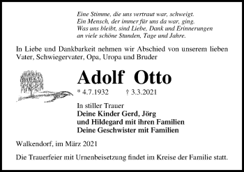 Traueranzeige von Adolf Otto von Ostsee-Zeitung GmbH