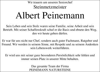 Traueranzeige von Albert Peinemann von Hannoversche Allgemeine Zeitung/Neue Presse
