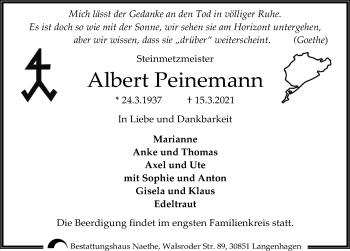 Traueranzeige von Albert Peinemann von Hannoversche Allgemeine Zeitung/Neue Presse