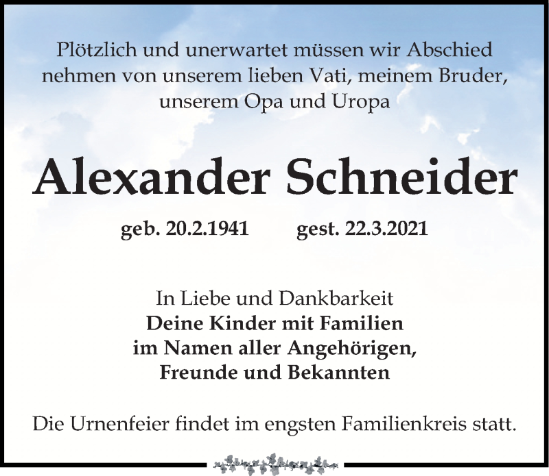  Traueranzeige für Alexander Schneider vom 27.03.2021 aus Leipziger Volkszeitung