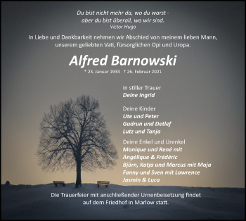 Traueranzeige von Alfred Barnowski von Ostsee-Zeitung GmbH