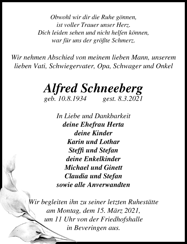  Traueranzeige für Alfred Schneeberg vom 13.03.2021 aus Märkischen Allgemeine Zeitung