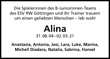 Traueranzeige von Alina Brolowski von Göttinger Tageblatt