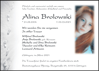 Traueranzeige von Alina Brolowski von Göttinger Tageblatt