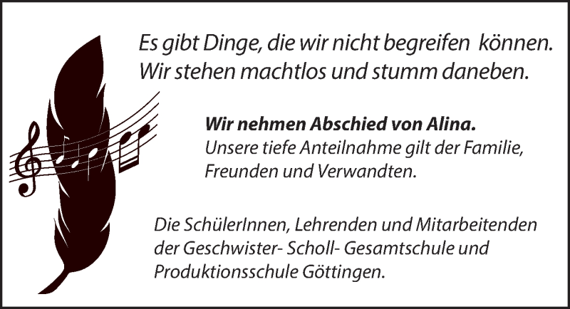  Traueranzeige für Alina Brolowski vom 13.03.2021 aus Göttinger Tageblatt