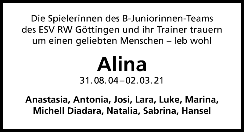  Traueranzeige für Alina Brolowski vom 13.03.2021 aus Göttinger Tageblatt