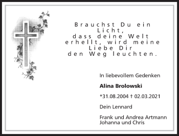 Traueranzeige von Alina Brolowski von Göttinger Tageblatt