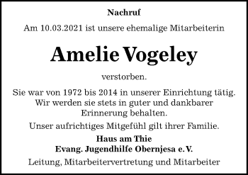Traueranzeige von Amelie Vogeley von Göttinger Tageblatt