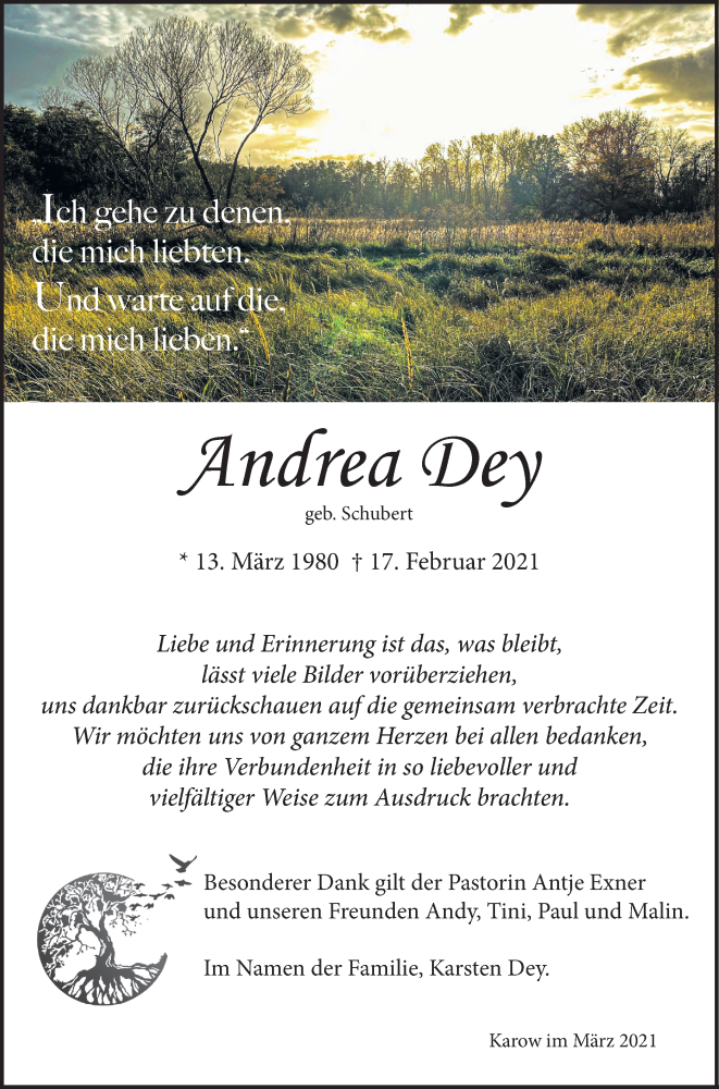  Traueranzeige für Andrea Dey vom 20.03.2021 aus Ostsee-Zeitung GmbH