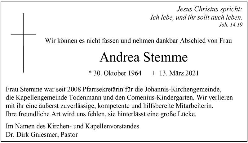  Traueranzeige für Andrea Stemme vom 20.03.2021 aus Schaumburger Nachrichten