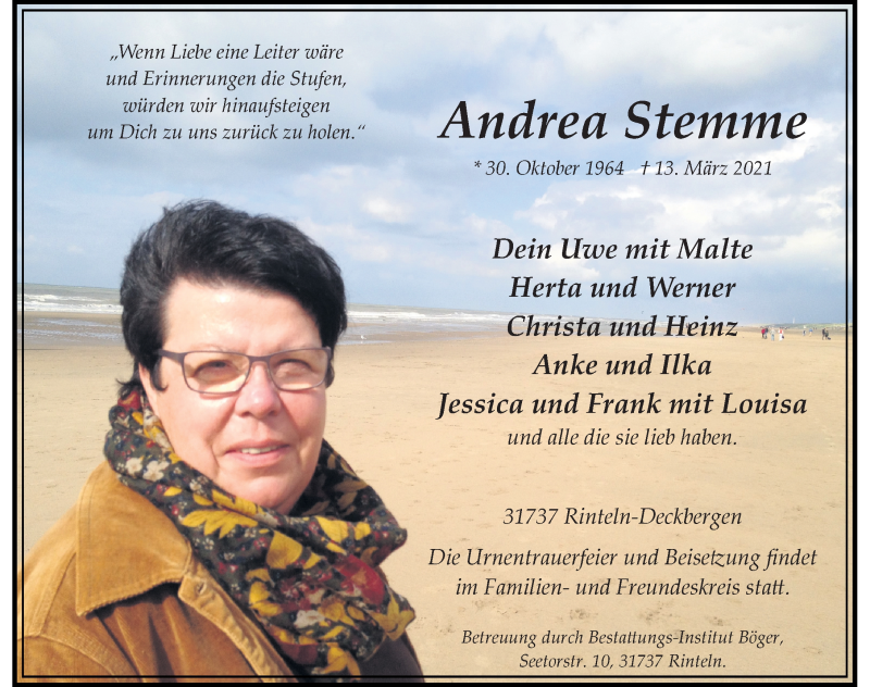  Traueranzeige für Andrea Stemme vom 20.03.2021 aus Schaumburger Nachrichten