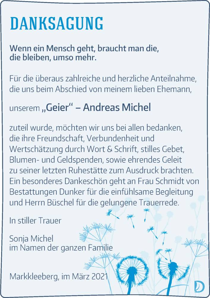  Traueranzeige für Andreas Michel vom 20.03.2021 aus Leipziger Volkszeitung