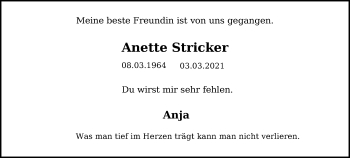 Traueranzeige von Anette Stricker von Lübecker Nachrichten