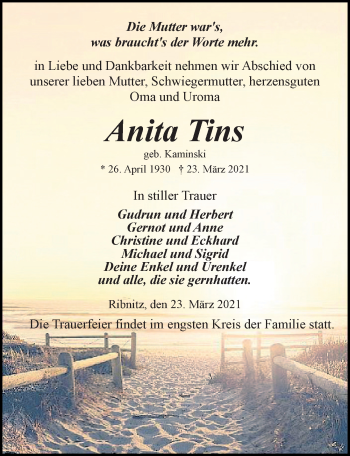 Traueranzeige von Anita Tins von Ostsee-Zeitung GmbH