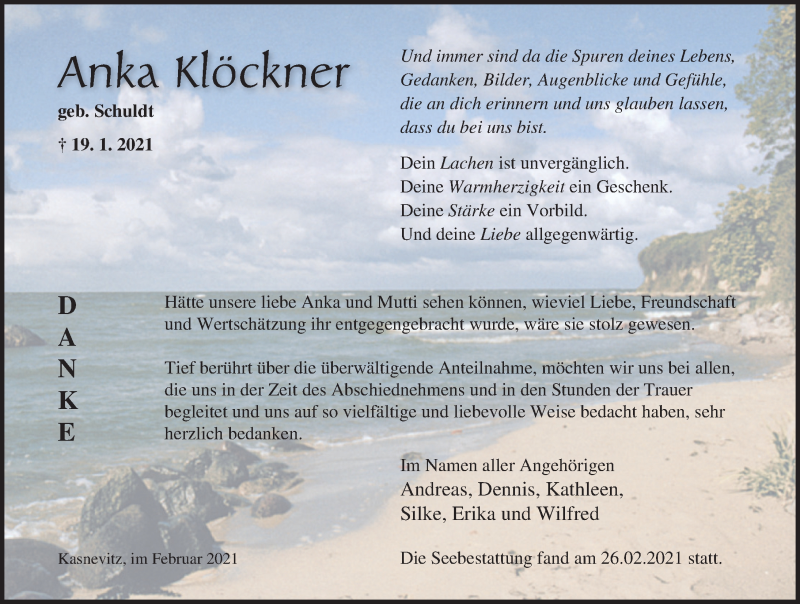  Traueranzeige für Anka Klöckner vom 06.03.2021 aus Ostsee-Zeitung GmbH