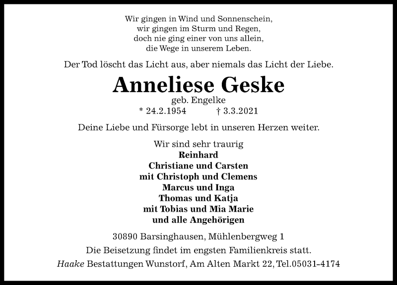  Traueranzeige für Anneliese Geske vom 06.03.2021 aus Hannoversche Allgemeine Zeitung/Neue Presse