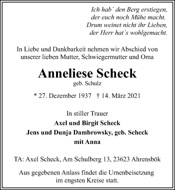 Traueranzeige von Anneliese Scheck von Lübecker Nachrichten
