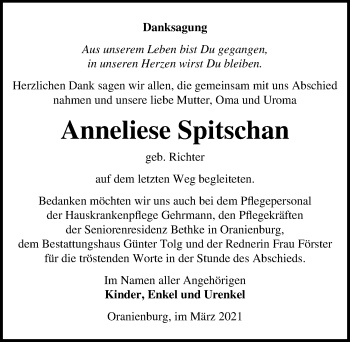 Traueranzeige von Anneliese Spitschan von Märkischen Allgemeine Zeitung