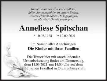 Traueranzeige von Anneliese Spitschan von Märkischen Allgemeine Zeitung