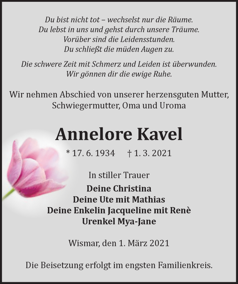  Traueranzeige für Annelore Kavel vom 06.03.2021 aus Ostsee-Zeitung GmbH