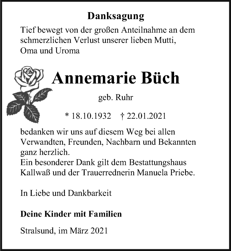  Traueranzeige für Annemarie Büch vom 06.03.2021 aus Ostsee-Zeitung GmbH