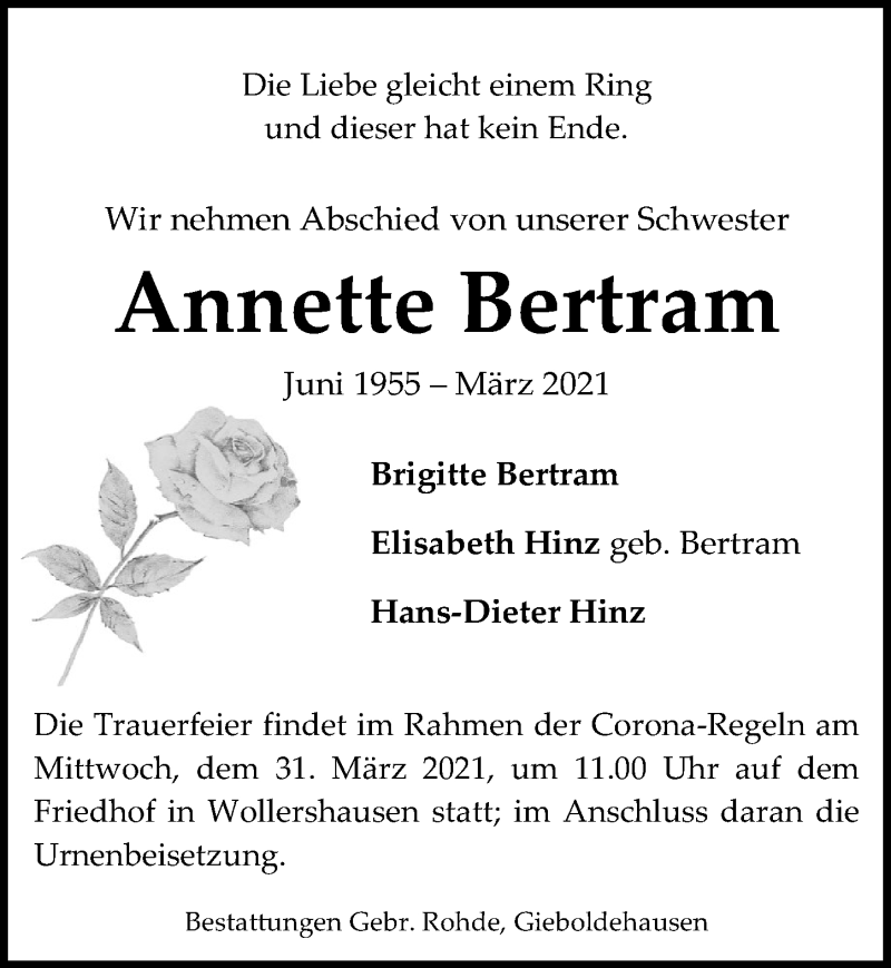  Traueranzeige für Annette Bertram vom 27.03.2021 aus Eichsfelder Tageblatt