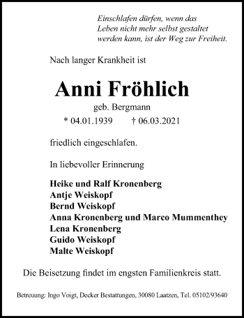 Traueranzeige von Anni Fröhlich von Hannoversche Allgemeine Zeitung/Neue Presse