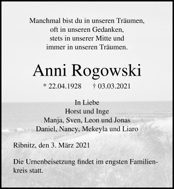 Traueranzeige von Anni Rogowski von Ostsee-Zeitung GmbH